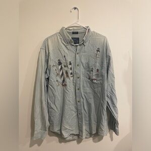 VINTAGE Light Blue Lighthouse Print Jean Shirt